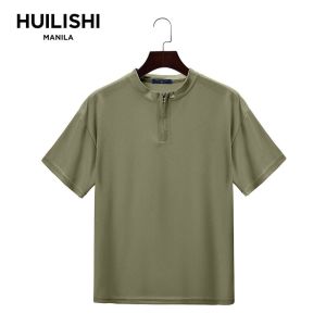 HUILISHI Casual Loose Plain China Collar Zipper Polo Fashionable Mens Short Sleeve T-Shirt