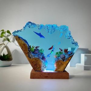 FFBH Dolphin Resin Lamp Art Decorative Night Light Wood Base Home Decor 2Z5B1