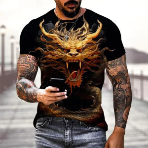 [Local Stock] VCC Chinese Loong Print T Shirt For Men Casual O-neck Short Sleeve Tops Funny Animal Pattern Oversized T-shirt Street Trend Clothes