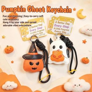 BELLETEN Cartoon Pumpkin Ghost Pendant Pu Leather Portable Leather Keychain Spooky Handmade Holiday Keyrings Halloween Gifts