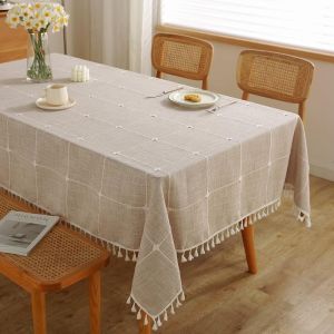 JIALE Tablecloths for Rectangle Tables Cotton Linen Table Cloth Waterproof Tablecloth Wrinkle Free Farmhouse Dining Table Cover Soft Fabric Table Cloths with Tassels Brown 55" X 70" 4-6 Seats