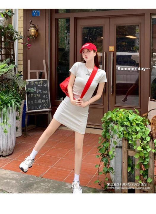 French short sleeve T-shirt dress slimming hip skirt | Lazada