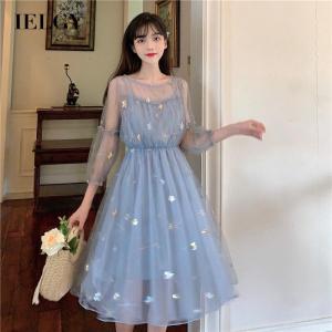 IELGY french sweet crew neck mesh neck waist dress for women