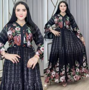 Baju Gamis Wanita Tirapa Katun Rayon LD 110 PB 138 Busui Resleting Kra V Lengan Terompet Karet Pinggang Tali Mayung Harian Nyaman