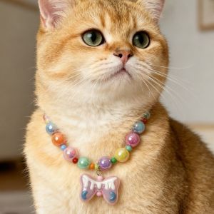 SHIRUI Bow Pendant Rainbow Beaded Pet Necklace Pet Jewelry Adjustable Dog Cat Pet Collar Universal Colorful Elastic Cat Neck Chain Pet Costume Accessories