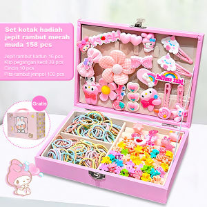 158Pcs Jepit Rambut Anak Kotak Hadiah Set Kelinci Merah Muda Karakter Kartun Lucu Aksesoris Fashion Anak Gaya korea Accesories