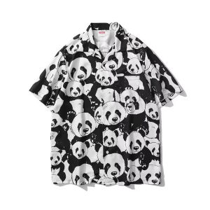 SINRANSINYA丨áo somi nam tay ngắn-Áo nam mùa hè vui vẻ Panda in đầy đủ ngắn áo có tay cho nam phong cách hip hop lỏng lẻo áo hoa đơn giản Hawaii songkran Áo sơ mi