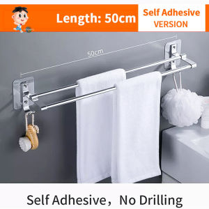 [Space Aluminum Alloy] Anti Rust Towel Rack Non Punched Towel Rod with Hook Shower Room Rod Rack Self Adhesive Wall Mounted Installation Kitchen Bathtub Bathroom Hanging Storage Accessories