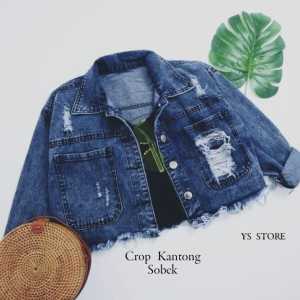 Jaket Crop Wanita Terbaru - Jaket Jeans Crop Snow Blue Rawis Model Sobek