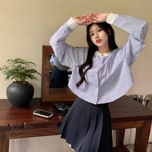 เสื้อเชิ้ต ลายทาง สีฟ้า สำหรับผู้หญิง แขนยาว ดีไซน์ไม่ซ้ำใคร ทรงหลวม ทรงปกติ แขนสั้น