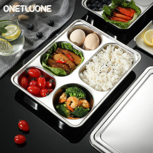 Onetwone 304 ăn bằng thép không gỉ khay với Bìa 5 lưới món ăn tấm chia hộp cơm trưa hình chữ nhật thực phẩm máy chủ Khay cơm trưa của học sinh nhân viên nhà hàng căng tin tấm chia khay thức ăn đồ ăn