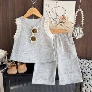 ชุดสูทเสื้อผ้าเด็กผู้หญิง2ชิ้นสำหรับเด็ก Bear Leader 3 4 5 67ปีชุดเสื้อผ้าตาข่ายเสื้อเด็กแขนกุดทางเดินและกางเกงขาสั้นสีเทาใหม่สำหรับฤดูร้อนเสื้อผ้าลำลองกีฬา