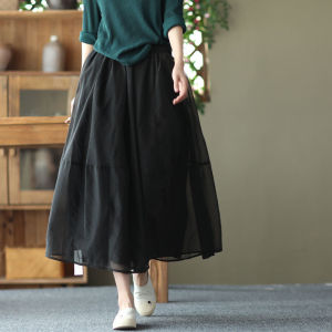 Alisa.Sonya Womens Organza Tulle Maxi Dress Plus Size Elastic High Waist A Line Retro Style Pleated Skirt with Pockets