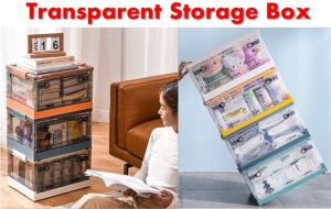 Large Capacity Foldable Stackable Transparent Storage Box with Wheel (Sg Local Stocks)