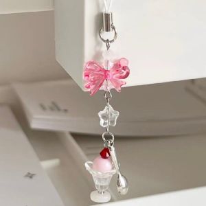 NAMSHEVA Kawaii Phone Charms Pendant Pink Y2K Peach Sweet Girl Keychain Fashion Cute Bowknot Bead Car Key Ring