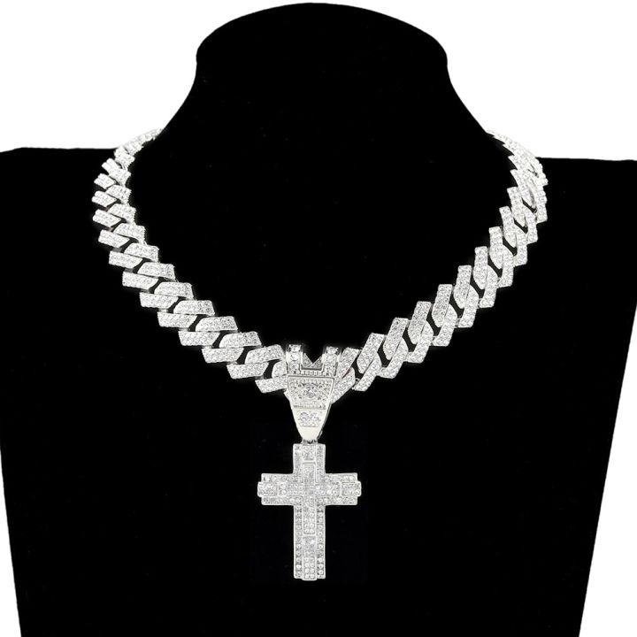 Men Women Hip Hop Cross Pendant Necklace With 16mm Crystal Cuban Chain  HipHop Iced Out Bling Necklaces Fashion Jewelry Fashion Chain Necklaces 