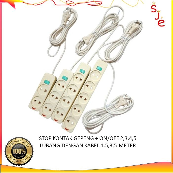 STOP KONTAK GEPENG DATAR + ON/OFF 2 3 4 5 LUBANG DENGAN KABEL 1.5 METER ...
