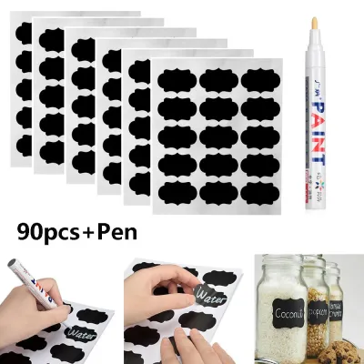 【COD&Ready Stock】 90pcs/set Waterproof Chalkboard Kitchen Spice Label Stickers Home Jam Jar Bottle Tags Blackboard Labels Stickers With Marker Pen