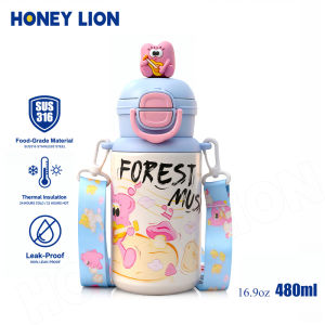 HoneyLion - 480ML 316 Stainless Steel Vacuum Insulated Bottle Dual-Lid One-Click Open Pop-up Straw Leak-Proof Flask with Carrying Strap for Kids Outdoor