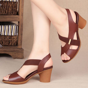 Free Shipping New Mid-Heel Sandals For Women Summer Fish-Mouth Style Slip-On Design Chunky Heel Solid Color Simple And Elegant Suitable For Middle-Aged Women