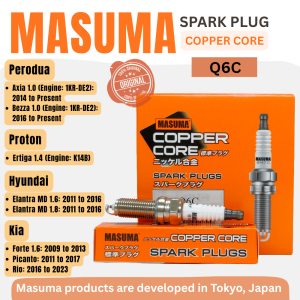 Masuma Copper Core Spark Plug Q6C for Perodua Axia 1.0 Bezza 1.0 Proton ertiga 1.4 Hyundai elantra 1.6/1.8 Kia forte 1.6 picanto rio. Developed in Tokyo Japan.