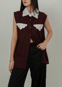 OFEYA - Cloudy Collar Sleeveless Shirt - Kemeja Wanita tanpa lengan - Basic Shirt Wanita