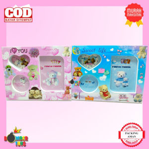 Frame Bingkai Foto kolase gantung hanger karakter lucu Jam 2 in 1 Motif Doraemon Kitty Mickey Bear kado ultah