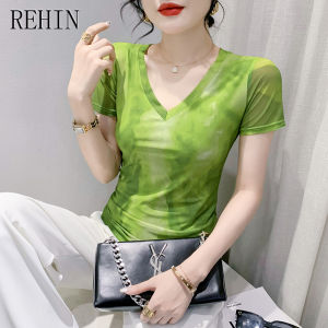 REHIN Summer fashion mesh tie-dye short-sleeved T-shirt V-neck slim-fit trendy elegant womens top