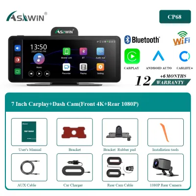 CarPlay 4K WIFI Dash Camera Bluetooth Call Android auto Voice control Map Navigation Asawin CP68 7 inch Dual Channel Stereo Car Audio Wired & Wireless Carplay Android auto