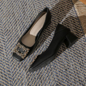 [CF] Wedding For Bride Close Shoes with Heels Soft Leather Block Heels Square Toe Korean Close Shoes for Women