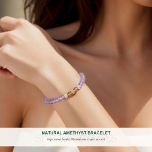 SINLISH Natural Amethyst Bracelet with Citrine Crystal Beads and Rhinestone Charm Trendy Jewelry