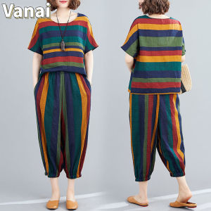 3 Days Delivery Vanai 2pcs Set Women Clothes Fashion Loose Casual Stripe Suit Korean Retro Short Sleeve T Shirt + Wide Leg Cropped Pants 2 Piece Set Women Outfit