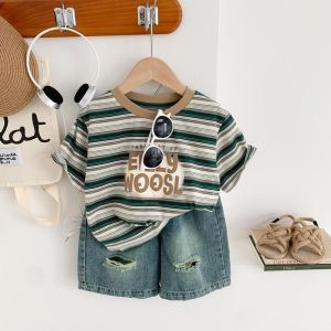 Terno for childrens fashion striped short-sleeved denim shorts summer new handsome baby suit top + shorts suit