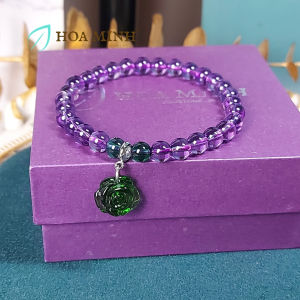 Vòng tay Thạch Anh màu tím trong trẻo size 6.5 li phối charm đá poly chạm hoa hồng xanh thời trang phong thủy mệnh Hỏa Mộc Thổ | Hoa Minh Gem