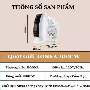 Quạt sưởi Konka 2000W - Máy sưởi Quạt sưởi mini 2 chiều công suất cao 2000W - Làm nóng tức thì - An toàn cho bé - Chống cháy nổ