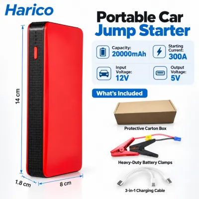 Harico Portable 20000mAh Car Jump Starter 12V Emergency Battery Booster Power Bank Fast Start Vehicle Jumper Cable Compact Design For Car SUV Motorcycle Emergency Start Roadside Assistance Travel Use