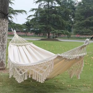 Tusheng Bohemian Style Double Hammock with Tassels - 2-Person Capacity Thickened Rope & Carrying Bag Red & White Striped Design for Outdoor Garden Patio Wedding Decor Hammock for Outside Garden Relaxation Vibrant Striped Design Durable Fabric