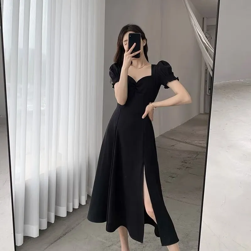 TOP korean style dresses for women summer sexy slit fitted dress