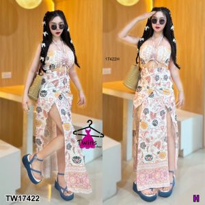 TW17422 Set 2 ชิ้น เสื้อเกาะอกสายเดี่ยวคล้องคอพิมลาย + กางเกงกระโปรงยาวพิมลาย