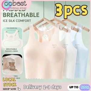 oobest 【Delivery 2-3 days】3pcs Ice Silk Bra for Girls Seamless Fixed Pad Wireless Comfort Camisoles top