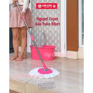 • BISA COD • LION STAR Livina Spin Mop Standard BM-45 Alat Pel Putar Set / Ember Plastik + Tongkat Pel Stainless / FREE KAIN REFILL / Pel Lantai / Floor Mop