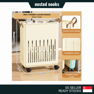 Slim Narrow Compact Laundry Basket with Wheels Handle Foldable Laundry Clothing Storage Multipurpose Yoga Toys Sports