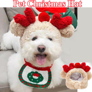 Christmas Pet Santa Hat Costume Set Cute Cat Dog Antler Headdress with Drool Towel Outfit