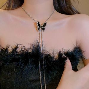 YOYO CHARMING Classic Black Butterfly Necklace Alloy Silver Butterfly Chain Choker Trendy Fashion Butterfly Clavicle Chain Party