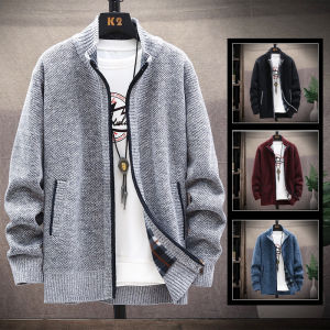 Mens Winter Autumn Fleece Sweater Zipper Cardigan Korean Warm Jacket Coat Sports Male Jumper Knit Clothing Brown Jacket