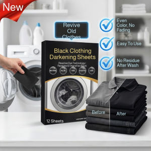 Clothing blackening sheets for home use including laundry dyeing color fixing and repair of faded black clothes.