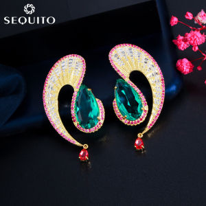 Sequito thiết kế mới mạ vàng sang trọng đá Cubic Zirconia lá hình dạng earing Pave Pear giọt nước đá cho phụ nữ trang sức vũ hội Phụ Kiện Váy se361
