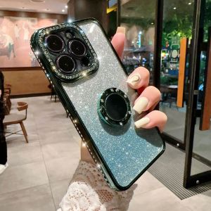 KISSCASE Plating Gradient Glitter Diamond Ring Holder Clear Phone Case for IPhone 14 Pro Max IPhone 11 12 13 Pro Max Soft Silicone Cover