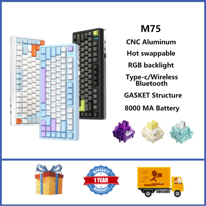 AULA M75 CNC Aluminum Wireless Mechanical Keyboard RGB Hot swappable 75% GASKET Structure Custom Gaming Keyboard With Knob