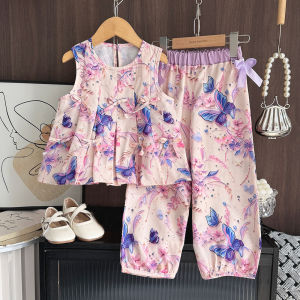 Menoea mùa hè phiên bản Hàn Quốc Trẻ Em Trang Phục Cho trang phục bé gái in hình bươm bướm Không Tay T-Shirt + Dễ Thương Bow Quần 2 Mảnh Bộ Cô Gái Của Quần Áo 3-7 Năm Trẻ Em Của Trang Phục